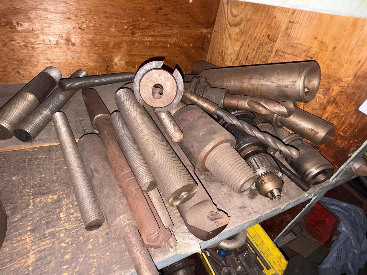 Used 8’x2’x4’ 3-ROW WOOD SHELF W/ CONTENTS OF CUTTING TOOLS, DRILL BITS & CHUCKS, MACHINING RELATED ADAPTERS