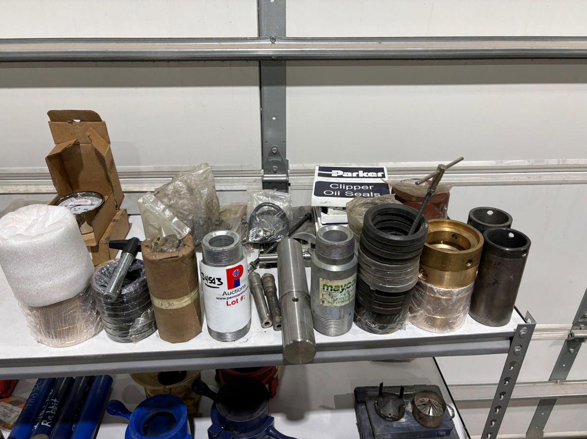 Used Shelving unit w/ (UNUSED) XK-90 & Logan swivel parts, stabbing guides, Kelly valve kits, guages, etc