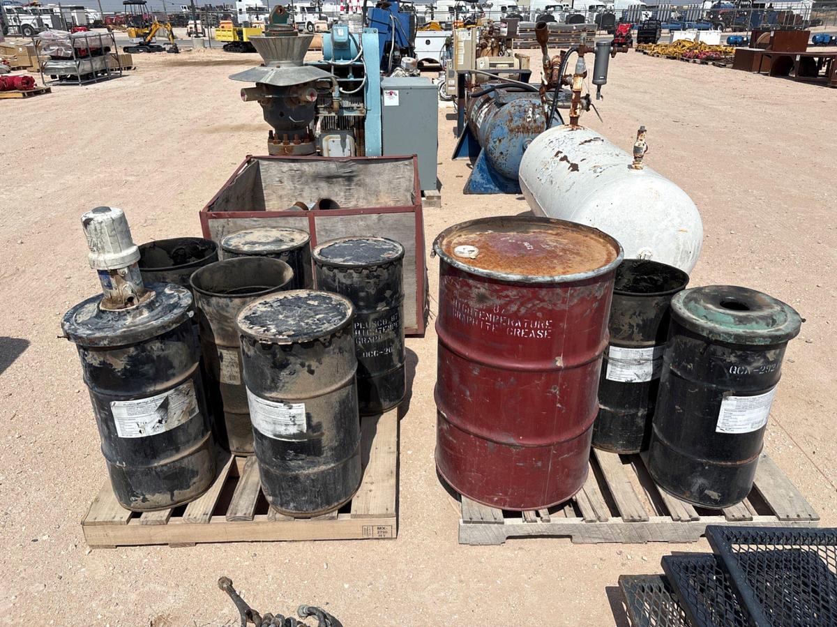 Used (2 pallets) w/ assorted high temp grease drums, pneumatic grease pumps, & gear oil