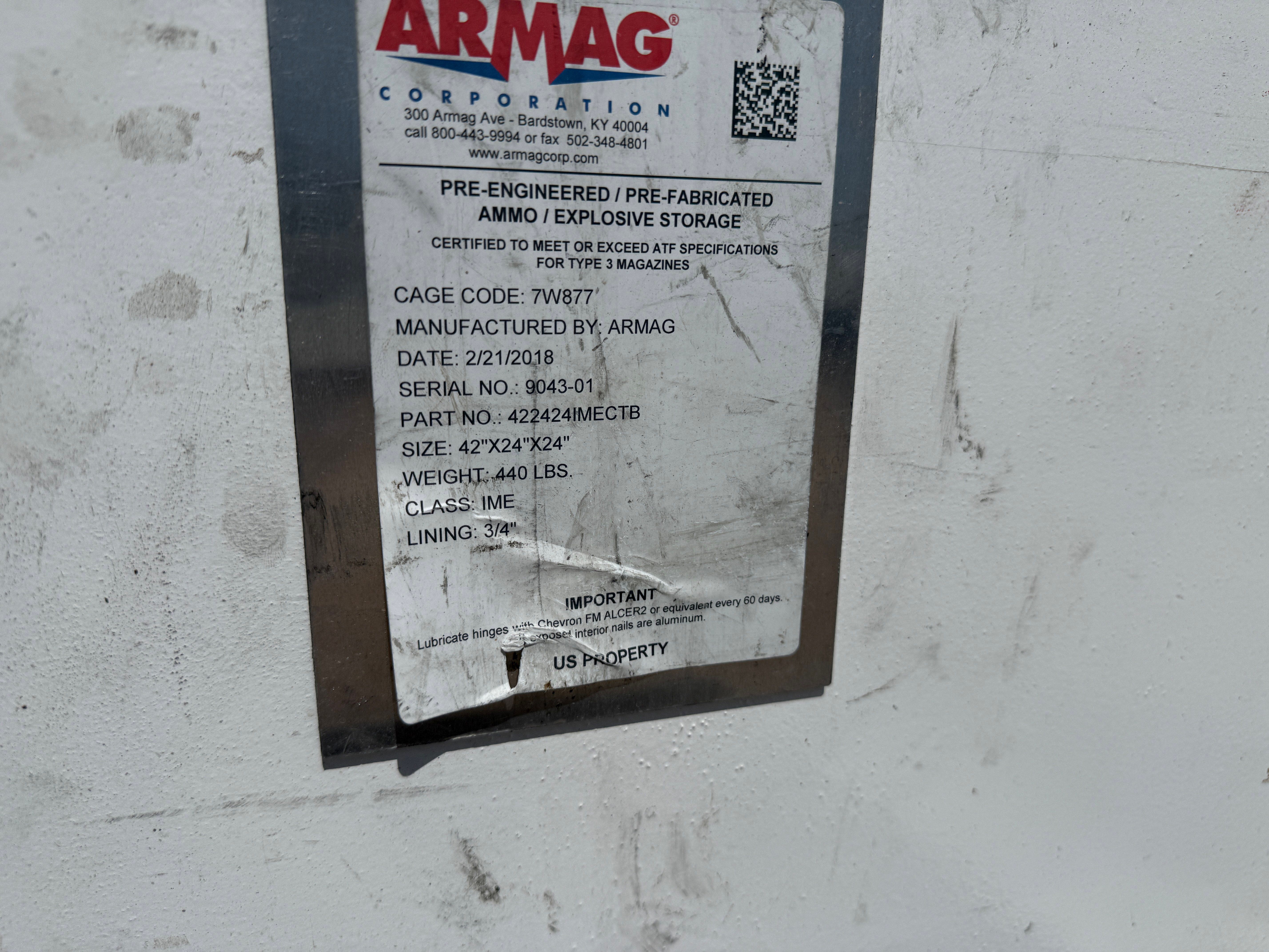 Used ARMAG CORP PRE-ENGINEERED 42”x24”x24” EXPLOSIVE STORGE BOX