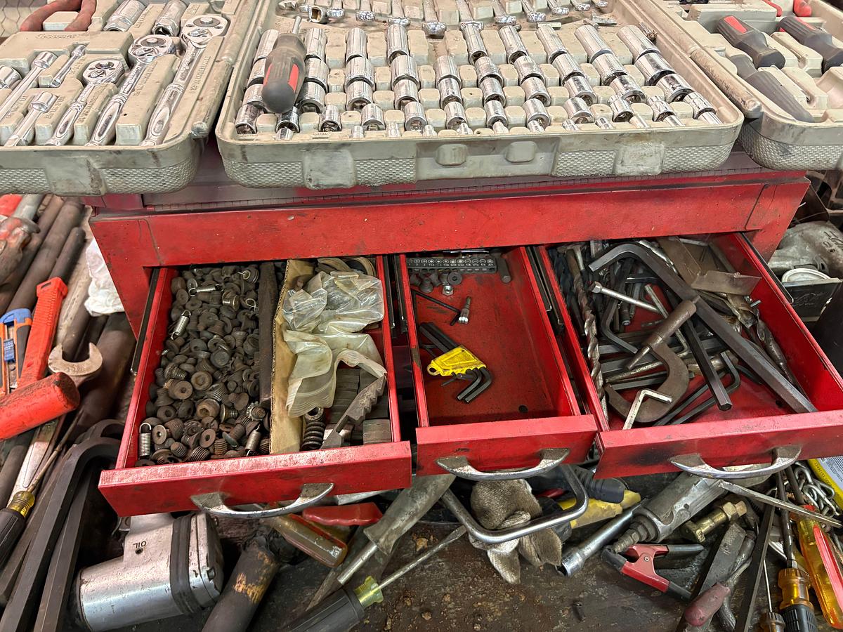 Used 98” x 52” x 36” shop table w/ contents
