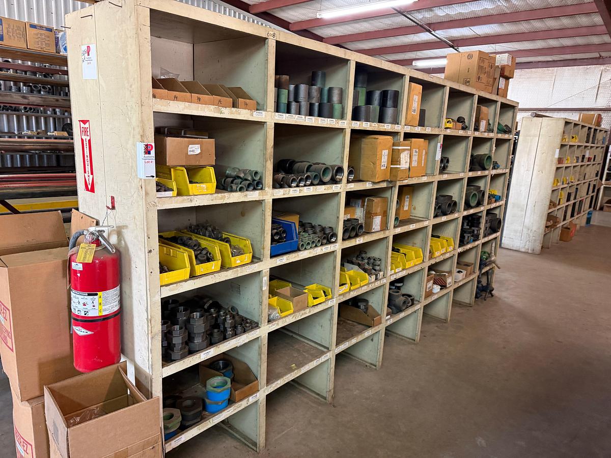 Used 14’ x 2’ x 7’ 42-BIN WOOD PARTS SHELF