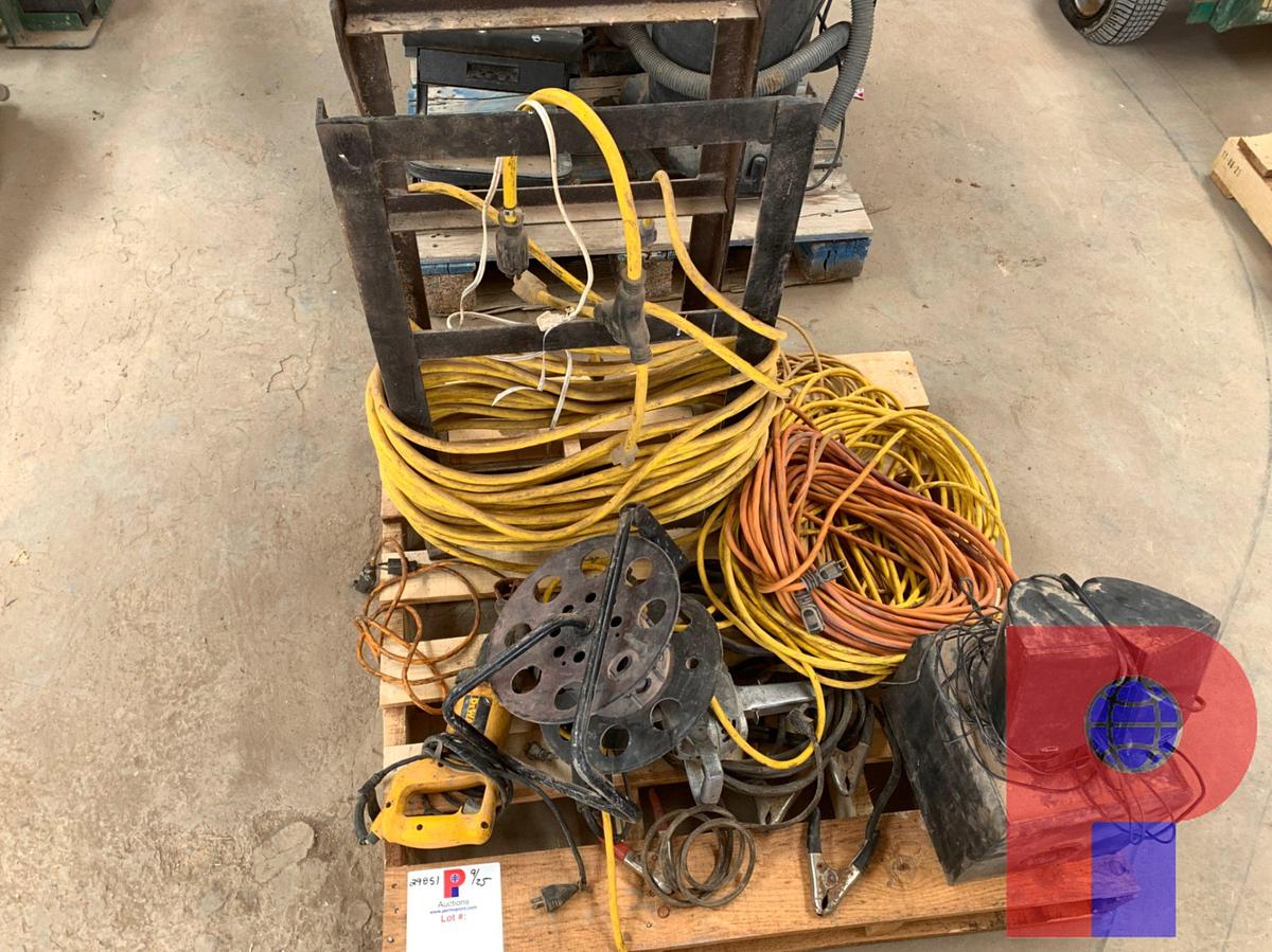 Used PALLET OF EXTENSION CORDS, DRILL, GRINDER, SAW, SUBWOOFER AND SPEAKERS
