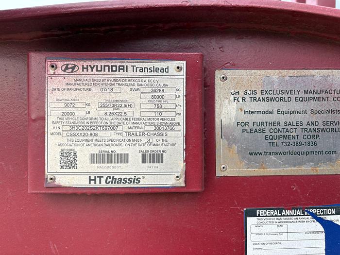 Used 2019 HYUNDAI TRANSLEAD T/A CHEMICAL TRANSPORT TRAILER