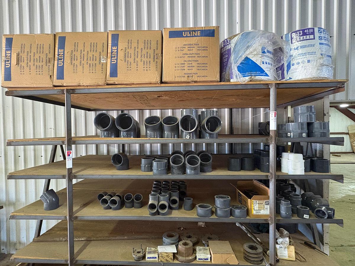 Used Contents of (5) shelves w/ U-line oil spill pads, various 2” to 4” PVC pipe fittings, etc.