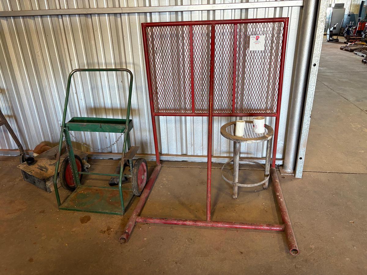Used Gas bottle dolly, 19” x 12” x 36” rolling cart, 17” x 29” x 16” crate, & 51” x 60” standing rack