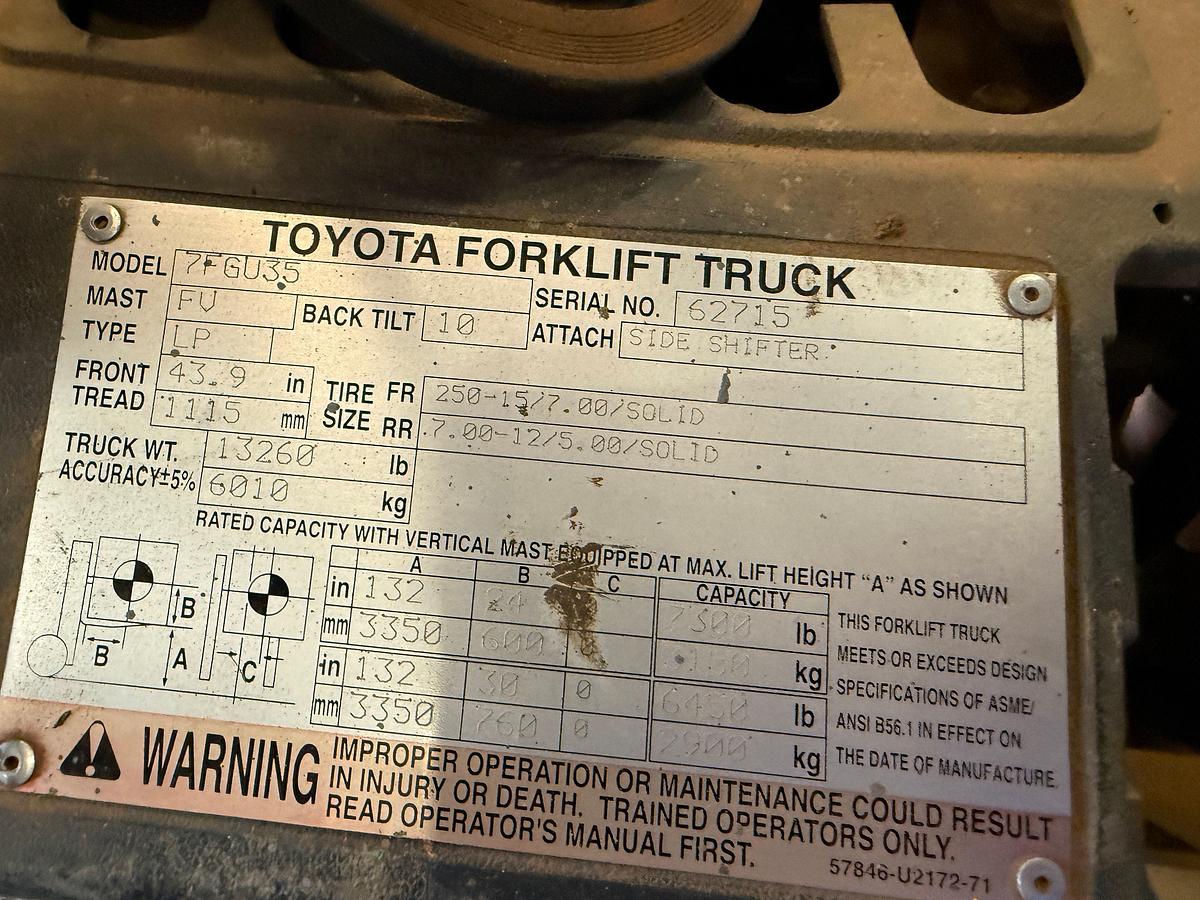 Used TOYOTA 7FGU35 7.3K LB FORKLIFT