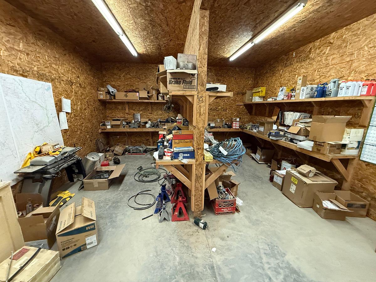Used PARTS ROOM W/ CONTENTS OF, ROD ELEVATORS, SNATCH BLOCK, HYD VALVE BANK, (8) SHARK TOOTH BITS, JASK STANDS, FUEL PUMP, & RELATED