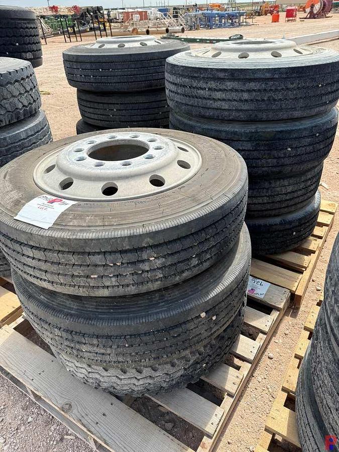 Used (7) 255/70R22.5 TIRES W/ ALUMINUM / STEEL BUD WHEELS