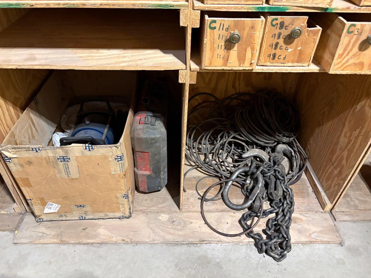 Used (4) shelves w/ assorted truck parts, chains, hand tools, etc.