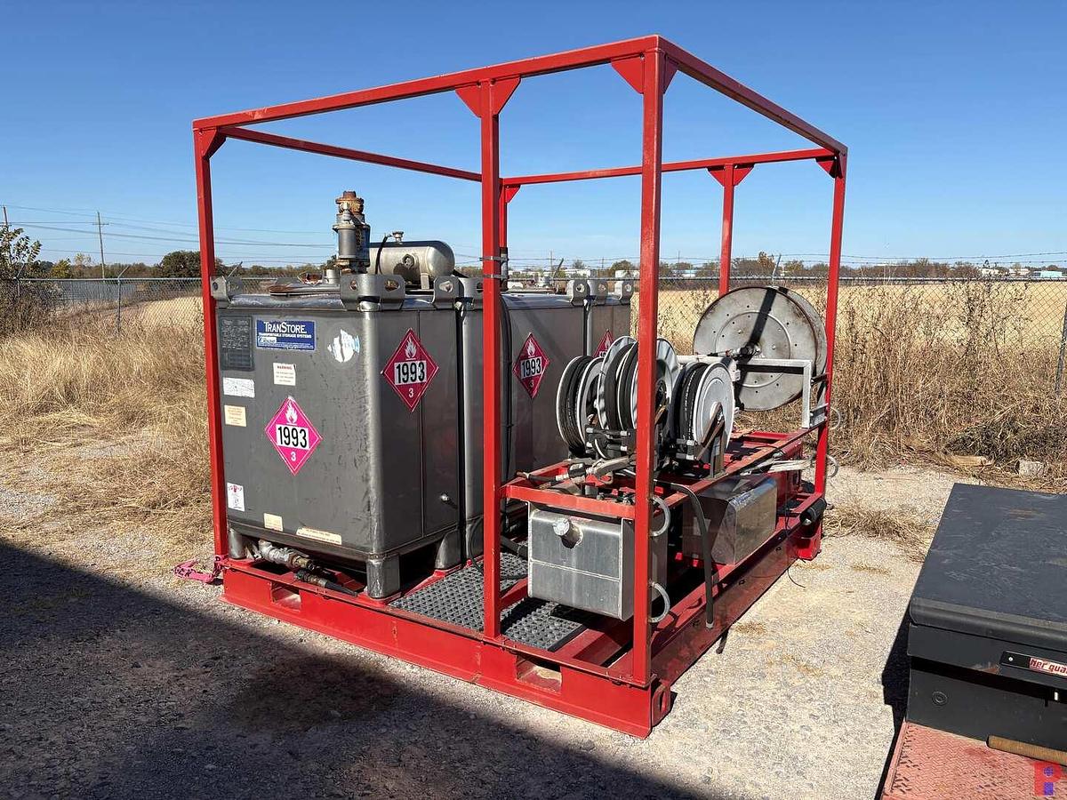 Used 8’ X 8’ HD SKID W/ (3) TRANSTORE STAINLESS STEEL TOTES & HOSE REELS