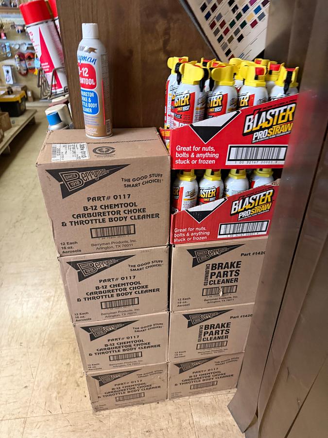 Used LOT W/ (5) CASES OF BERRYMAN B-12, (2) CASES BLASTER PROSRTAN, BRAKE PARTS CLEANER, & RACK OF LUBRICANTS