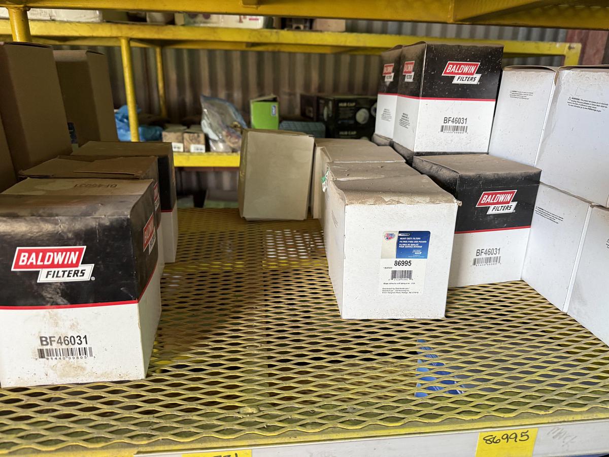 Used (2) 120”L X 24”W X 72”H 5-TIER METAL RACKS W/ TRUCK & ENGINE PARTS CONTENTS