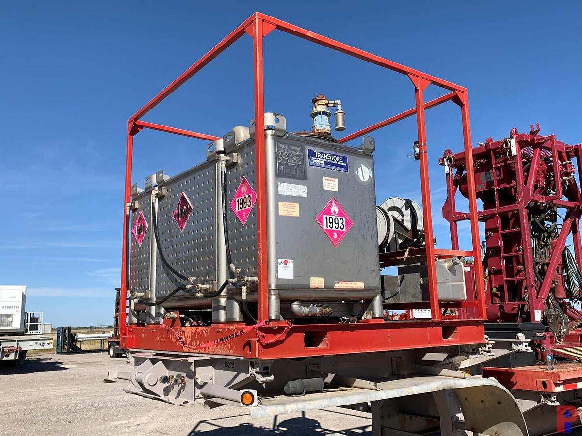 Used 8’ X 8’ HD SKID W/ (3) TRANSTORE STAINLESS STEEL TOTES & HOSE REELS