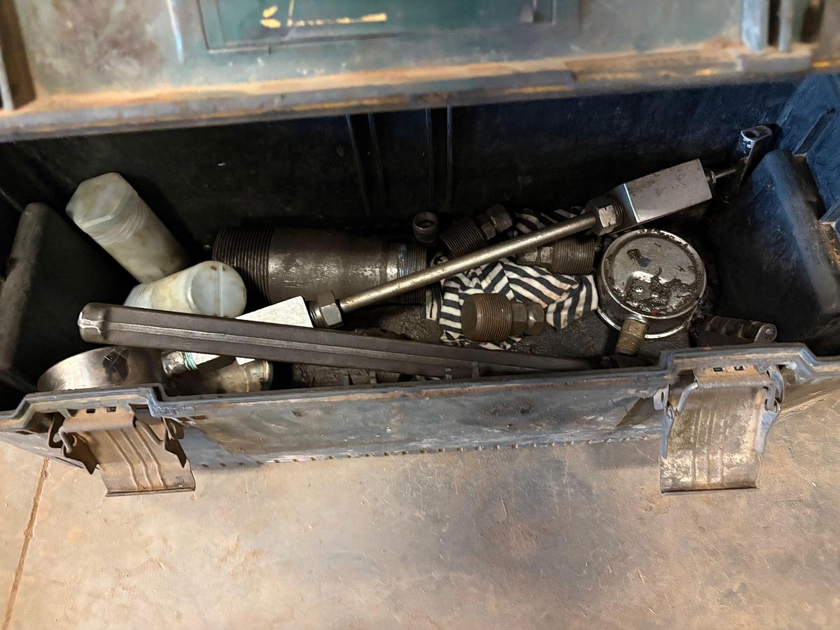 Used Lot w/ (3) job boxes w/ contents, trailer hitches, air & hydraulic hoses, safety harnesses, ladders, etc.