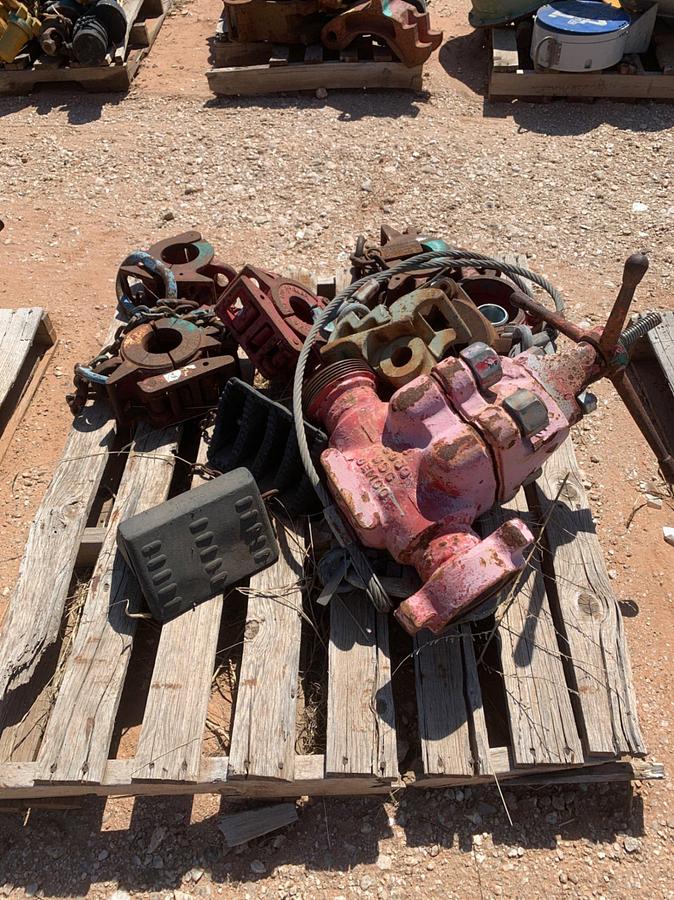 Used (2) Pallets of 5 Manual Gate Valves 5k, 1 BOP Ram, 6 23k Side Door Elevators