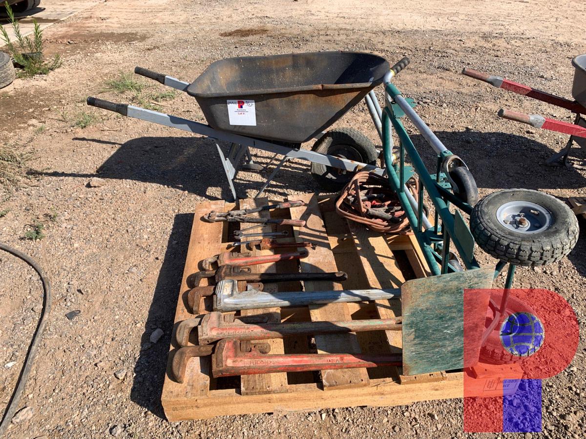 Used PALLET OF PIPE WRENCHES, JUMPER CABLES, WHEEL DOLLY AND WHEELBARROW
