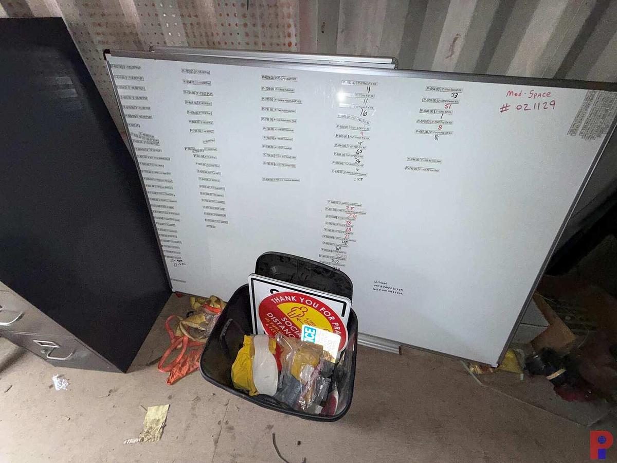 Used SECTION W/ (2) DRAWER CABINET, HI-BACK ROLLING CHAIR, 4-DRAWER FILING CABINET, (2) WHITE BOARDS, TUB OF SAFETY SIGNS