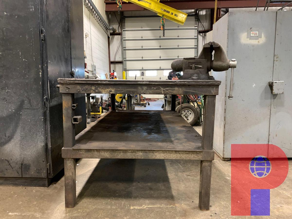 Used 8’ X 4’ STEEL TABLE W/ 8’ X 4’ BOTTOM SHELF W/ 8” JAW VICE