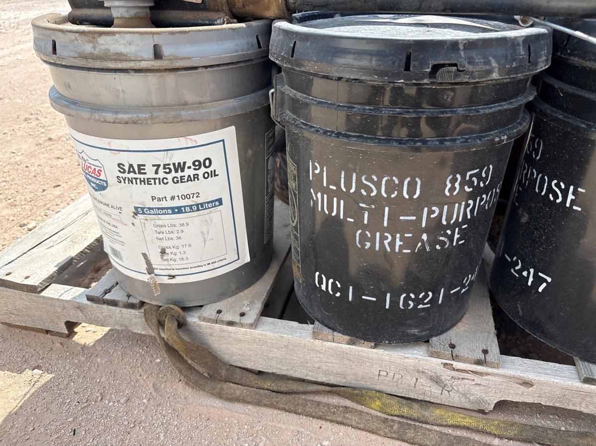 Used (2 pallets) w/ assorted high temp grease drums, pneumatic grease pumps, & gear oil