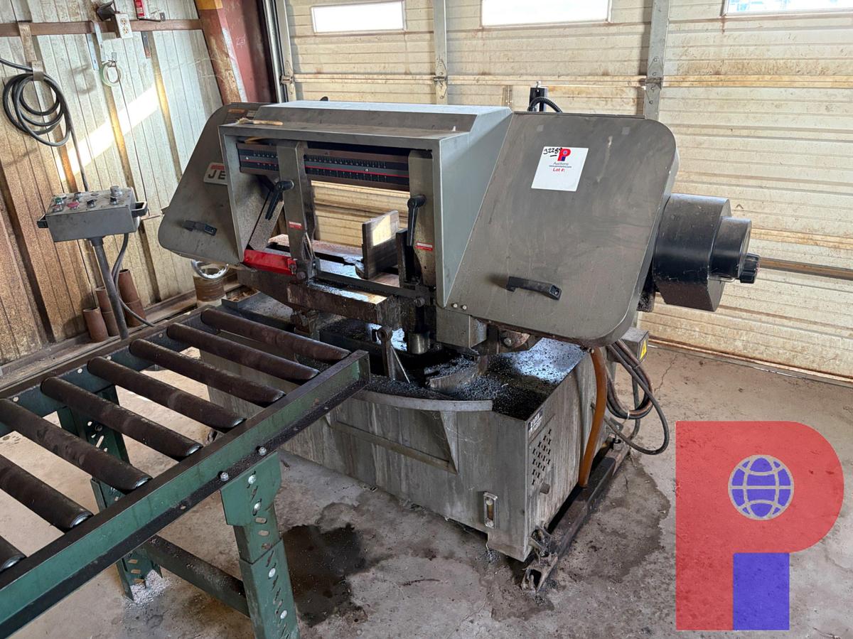 Used JET 12” X 20” SEMIAUTOMATIC MITERING HORIZONTAL BAND SAW W/ (2) ROLLER TABLES