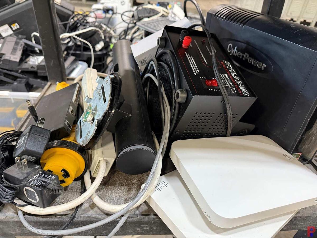 Used (3) BINS & ROLLING CART FULL OF, DELL DOCKING STATIONS, POWER CHORDS, KEYBOARDS,  CAT & ALLISON DIAGNOSTIC CONNECTORS & RELATED