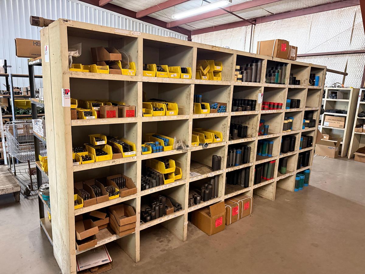 Used 14’ x 2’ x 7’ 42-BIN WOOD PARTS SHELF