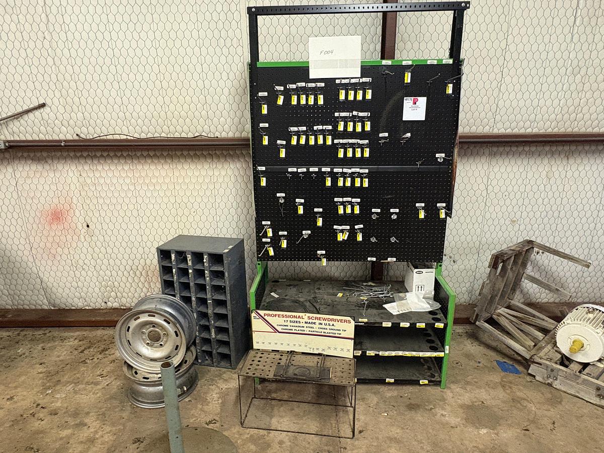 Used Display peg board, bolt bin, & (2) 5-lug wheels