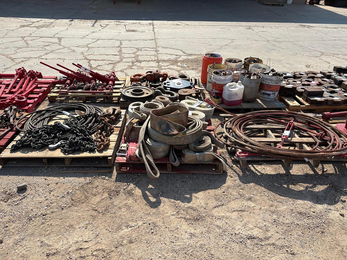 Used (3 pallets) w/ 3/4” wire rope, heavy duty chains, nylon lift straps, & sling restraints
