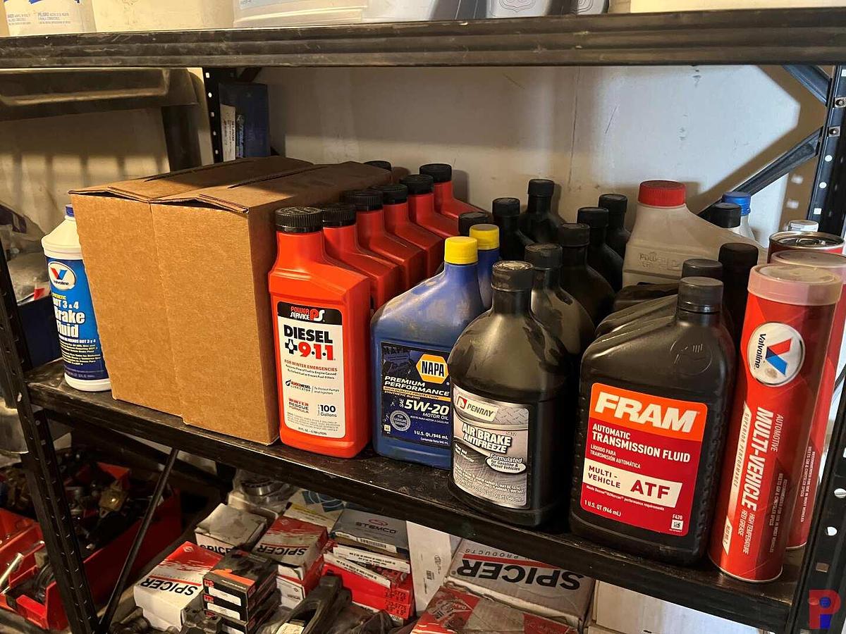 Used 9 - SHELVES CONTAINING TRANSMISSION FLUID, MOTOR OIL, BRAKE FLUID, GREASE, PURGE VALVES, & SEE DETAILS
