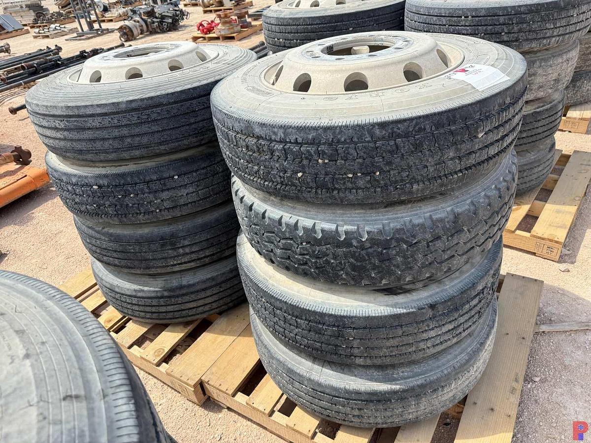Used (8) 255/70R22.5 TIRES W/ ALUMINUM / STEEL PILOT WHEELS