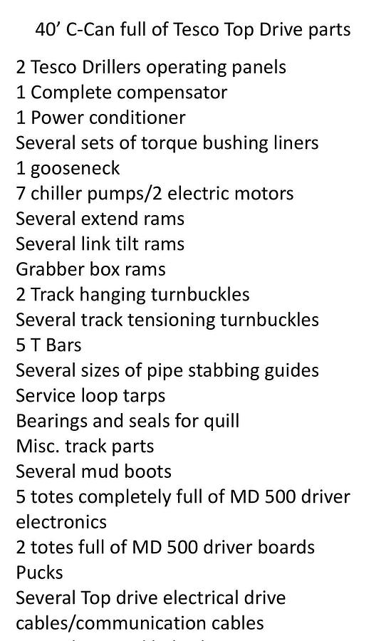 Used 40' Sea Container full of Tesco Top Drive Parts & Supplies