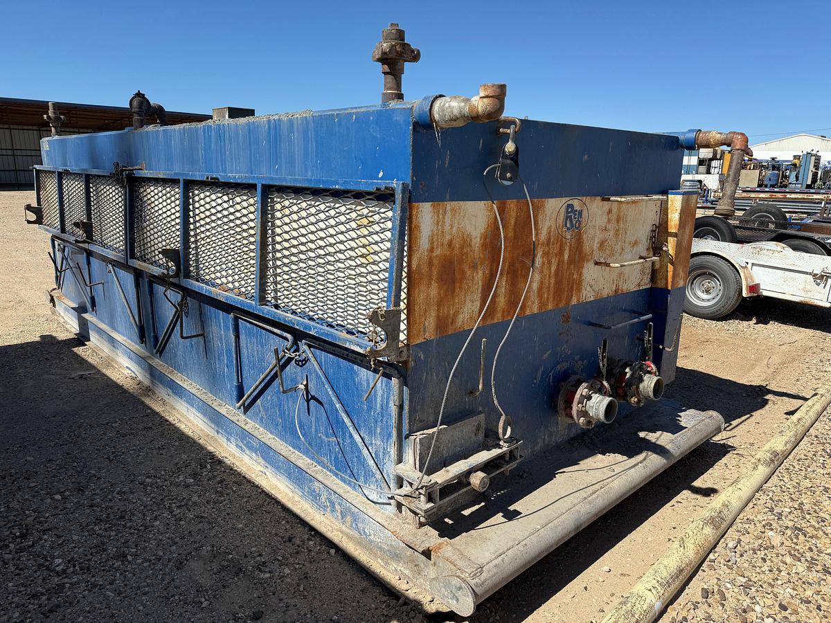 Used 100 BBL 17.9’ X 6.7’ X 5’ 2-COMP. REVERSE PIT TANK W/ IRON & HOSE RACK
