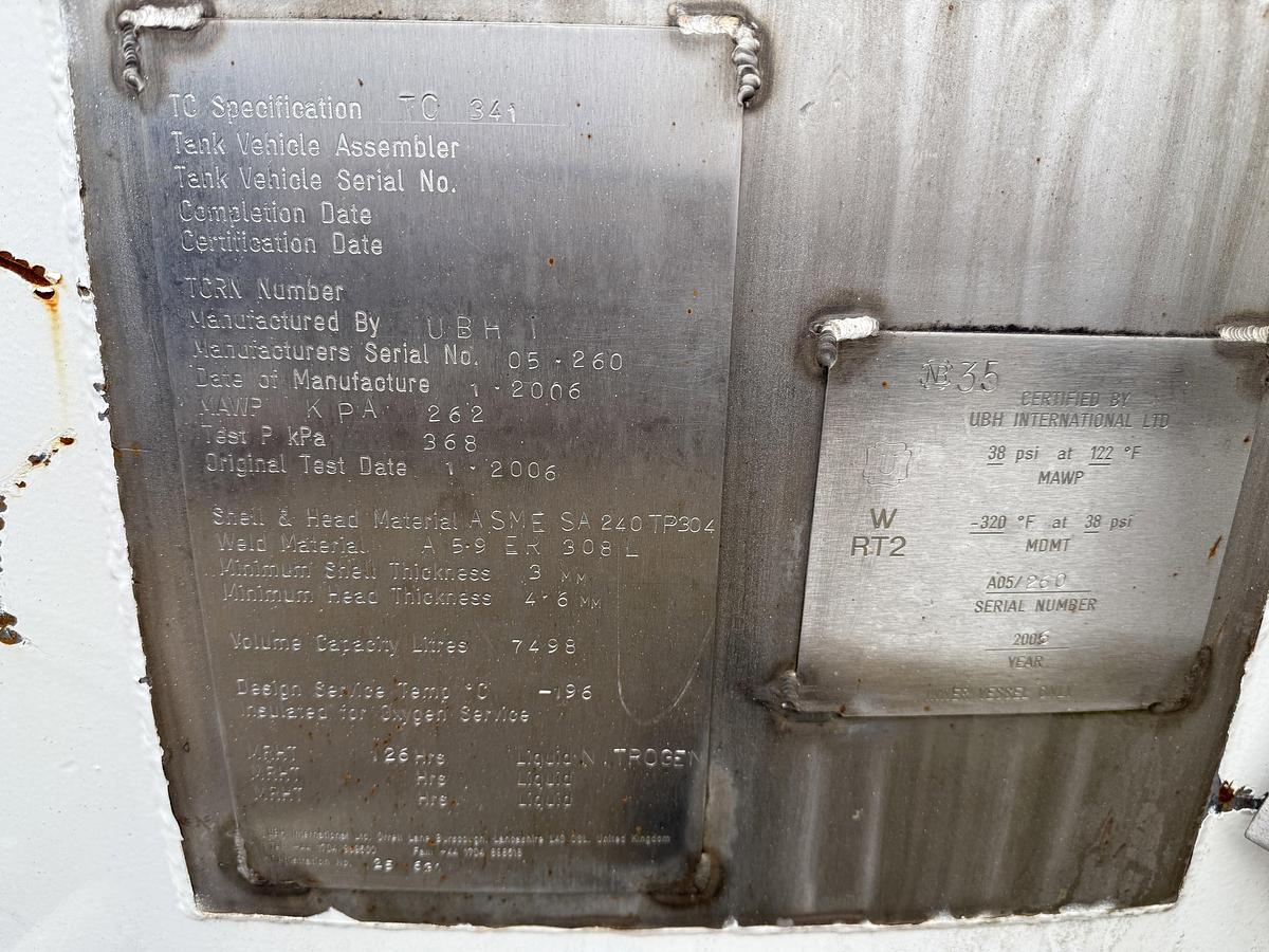 Used 2006 UBH 7,498 LITRES REFRIGERATED LIQUID NITROGEN TANK F/ TRUCK