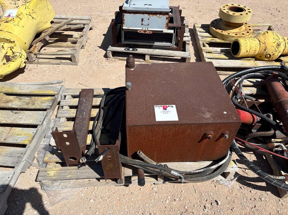 Used (3 pallets) w/ 26” x 24” x 16” hydraulic oil tank, hydraulic pump, hoses, hyd jack, breaker box, etc.