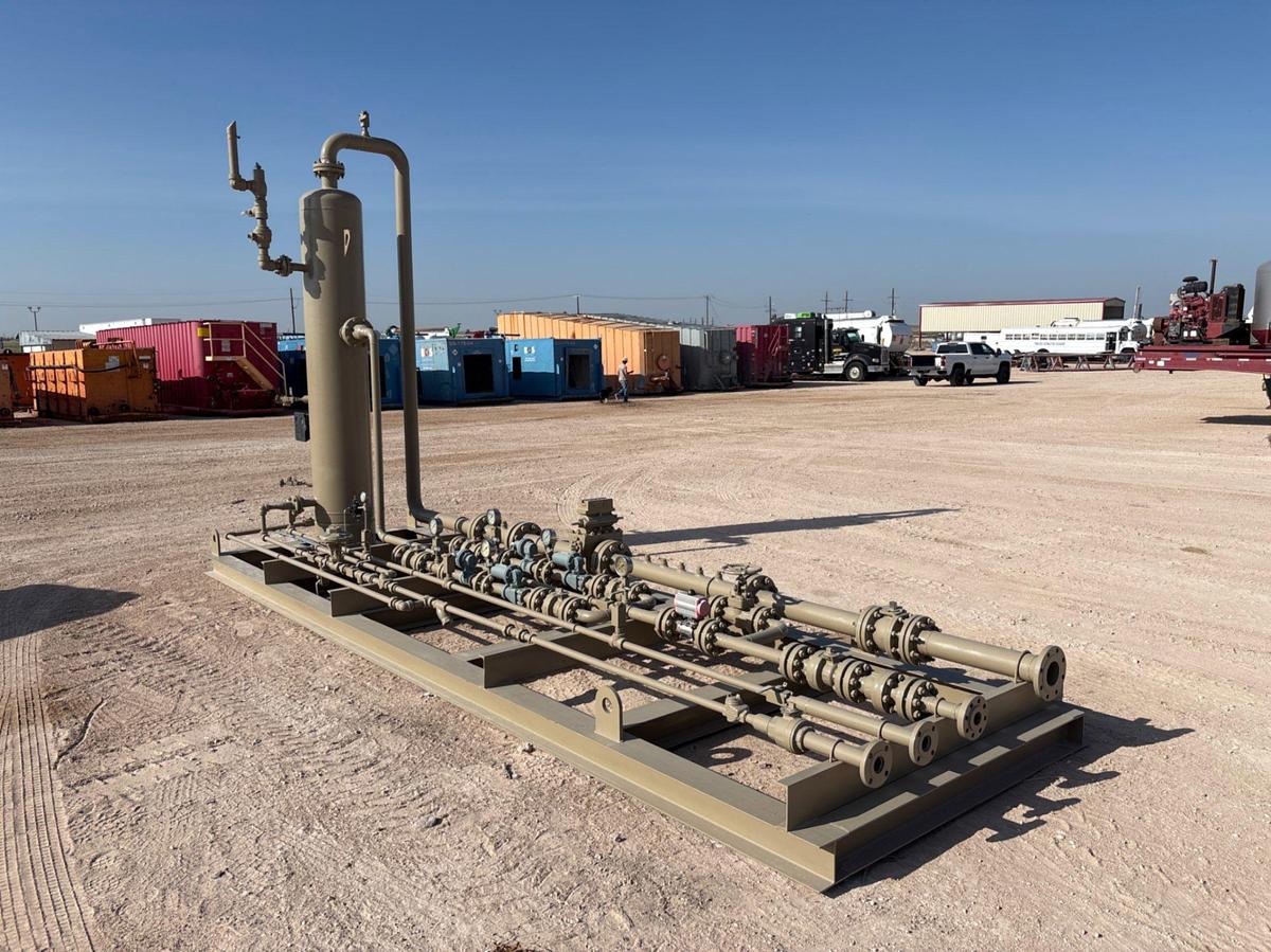 Used Edge industries 18”od x 7’6”H s/s vertical separator w/ manifold mtd on 20’ x 6’ skid