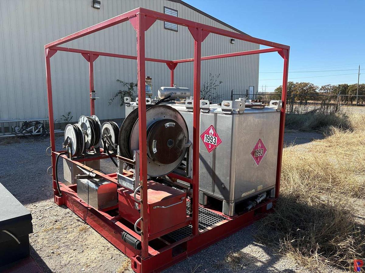 Used 8’ X 8’ HD SKID W/ (3) TRANSTORE STAINLESS STEEL TOTES & HOSE REELS