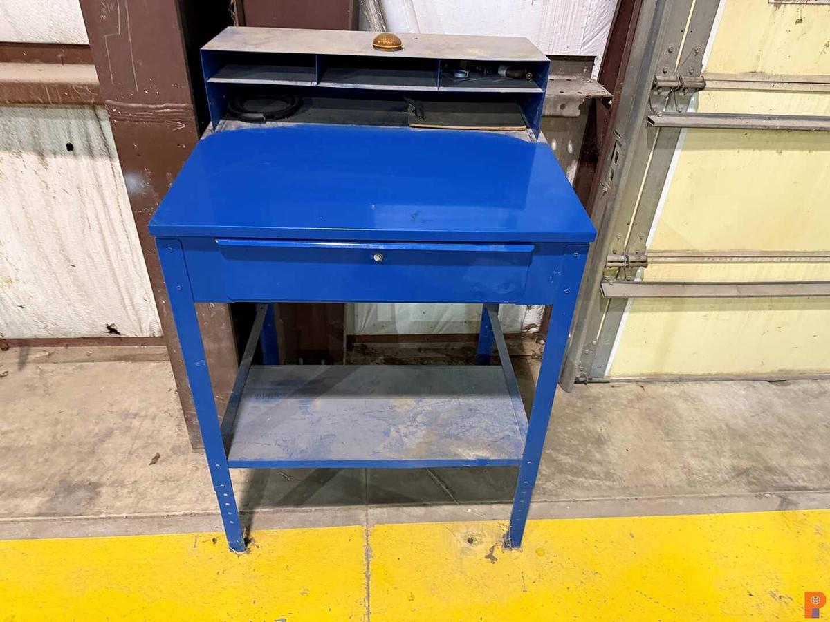 Used (2) 72-BIN STORAGE FOR BOLTS W/ CONTENTS, (1) 36”STAND UP METAL DESK, (1) 18-BIN STORAGE, (2) METAL STANDS