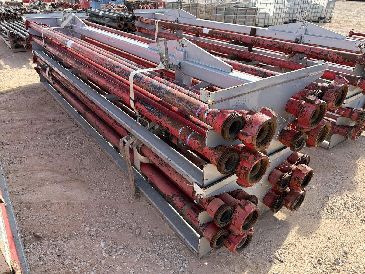 Used (24 X $) 3” X 15’L FIG 1502 15K WP FLOW IRON W/ (2) 2-TIER STACKABLE PIPE RACKS