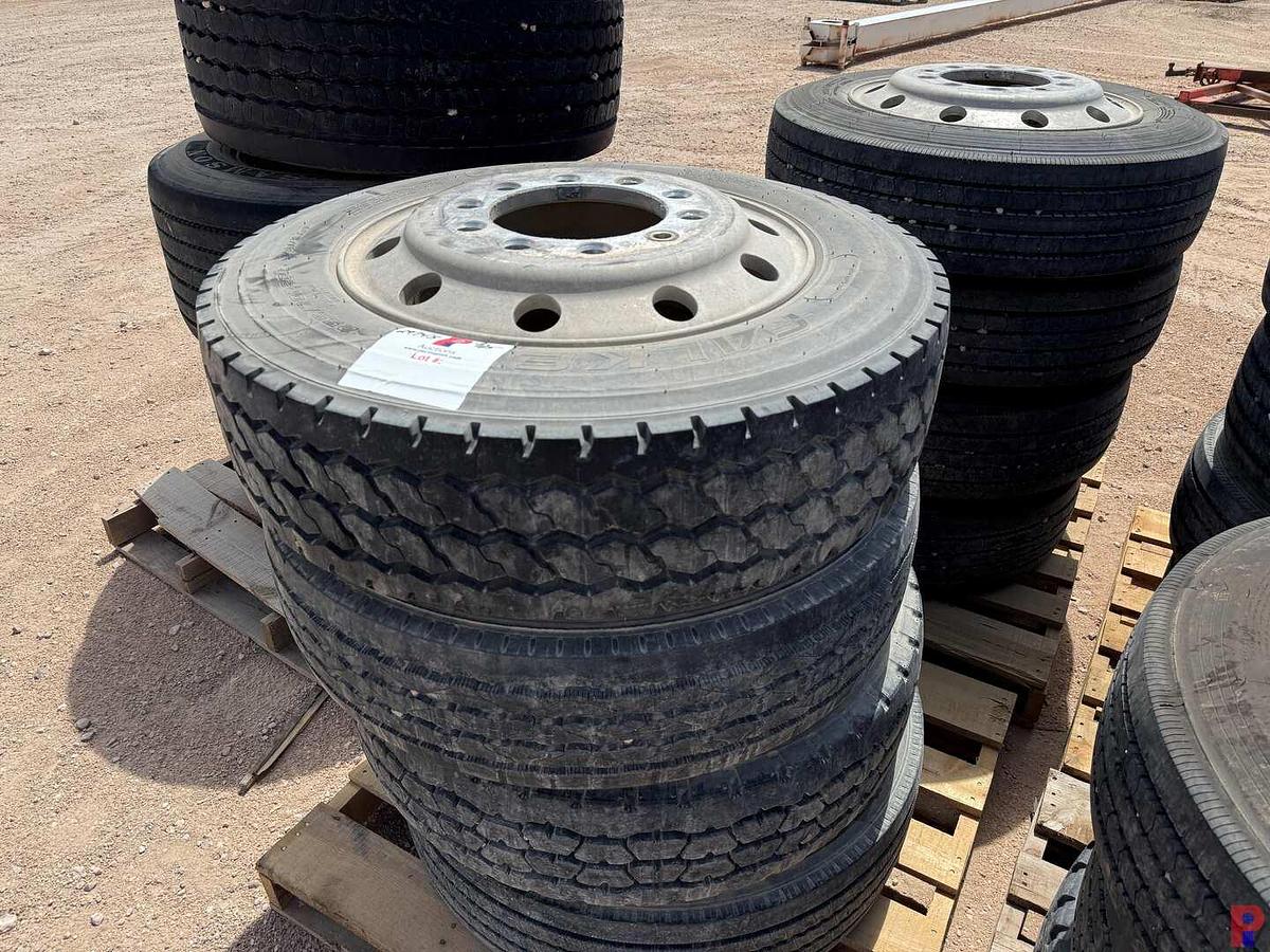 Used (8) 255/70R22.5 TIRES W/ ALUMINUM / STEEL BUD WHEELS