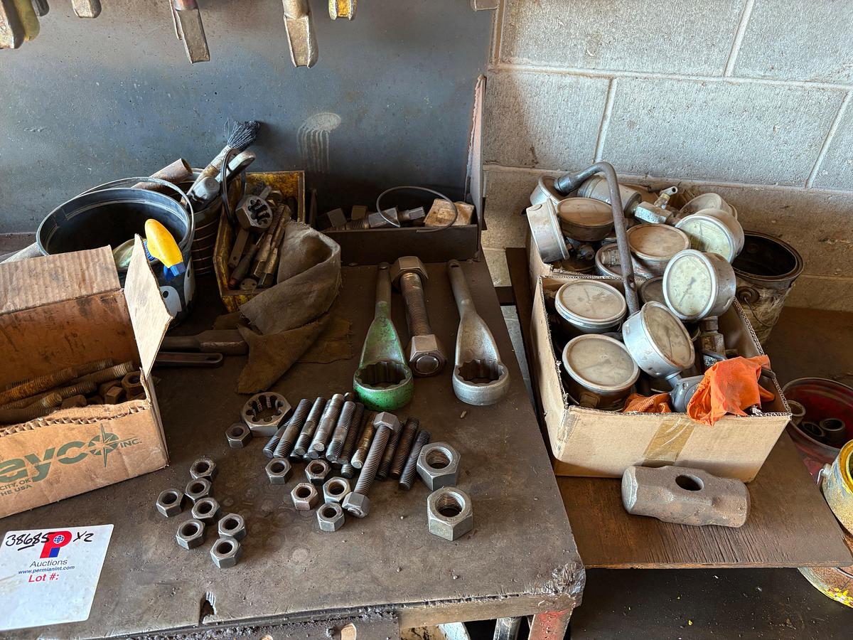 Used 8’ x 4’ x 2.5’ & 4’ x 2.5’ x 3’ metal shop tables w/ contents