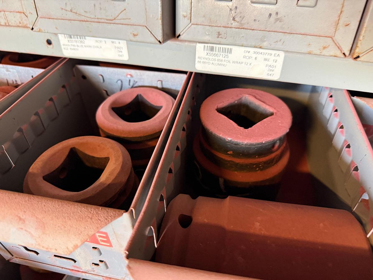Used (2) 3’L X1 18”W X 7’H SHELVES W/ 110-BINS MOST FULL OF 1/2” THRU 1-1/2” DRIVE SOCKETS UP TO 2-3/4” SIZE