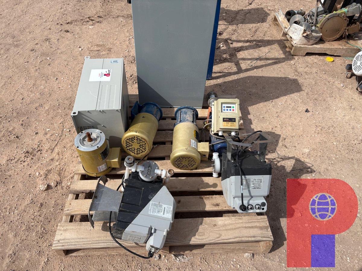 Used PALLET W/ (3) 1/2HP ELECTRIC MOTORS, (3)CHEMICAL PUMPS, ELECTRIC CONTROL BOXES, & (2) STANDS