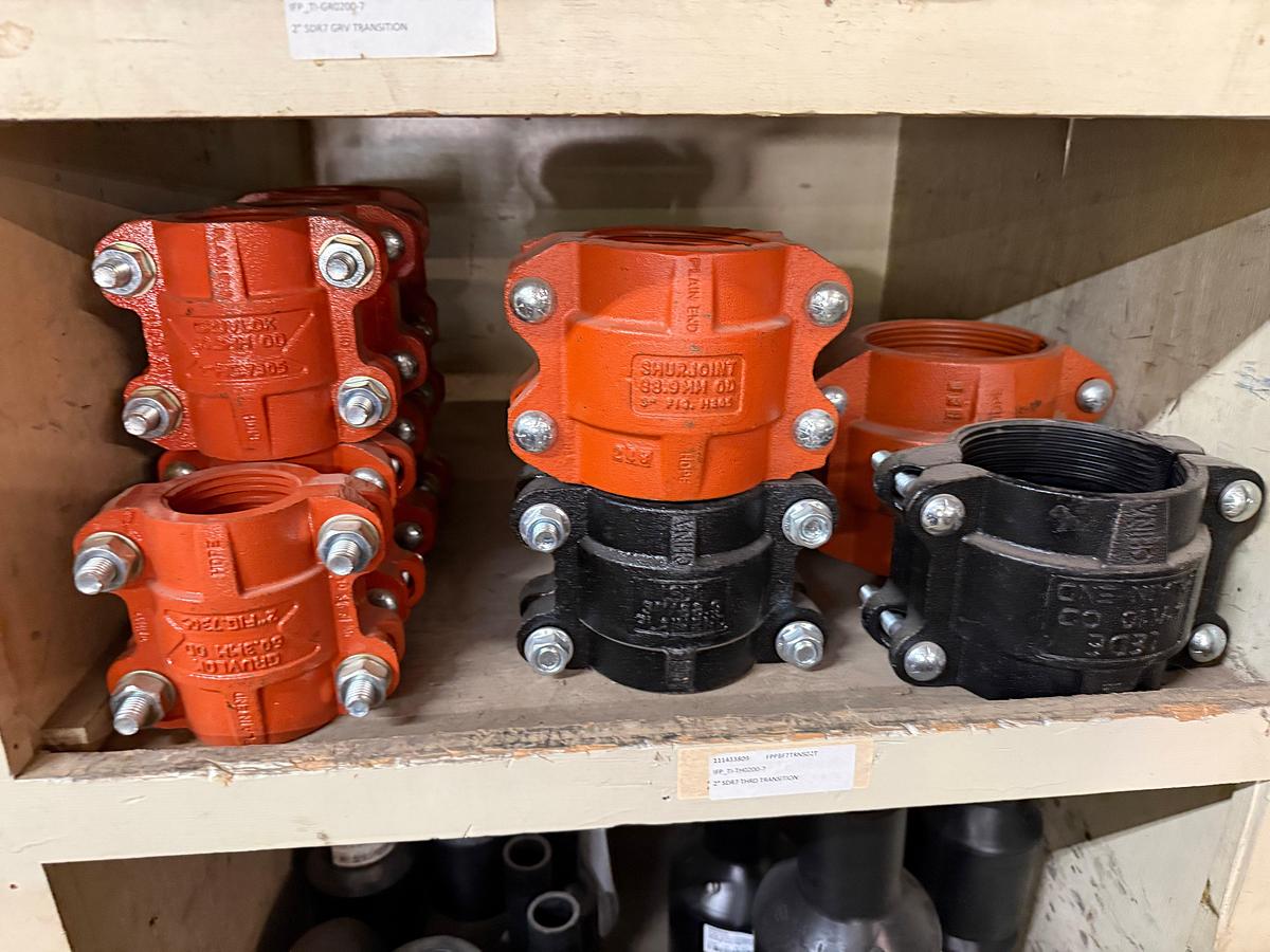 Used SECTION OF MOSTLY HEAVY WALL PVC COUPLINGS, EL’S, SOME STEEL & VICTAULIC TYPE, & (8) FLANGED BALL VALVES & RELATED
