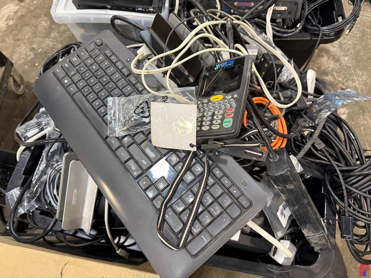 Used (3) BINS & ROLLING CART FULL OF, DELL DOCKING STATIONS, POWER CHORDS, KEYBOARDS,  CAT & ALLISON DIAGNOSTIC CONNECTORS & RELATED