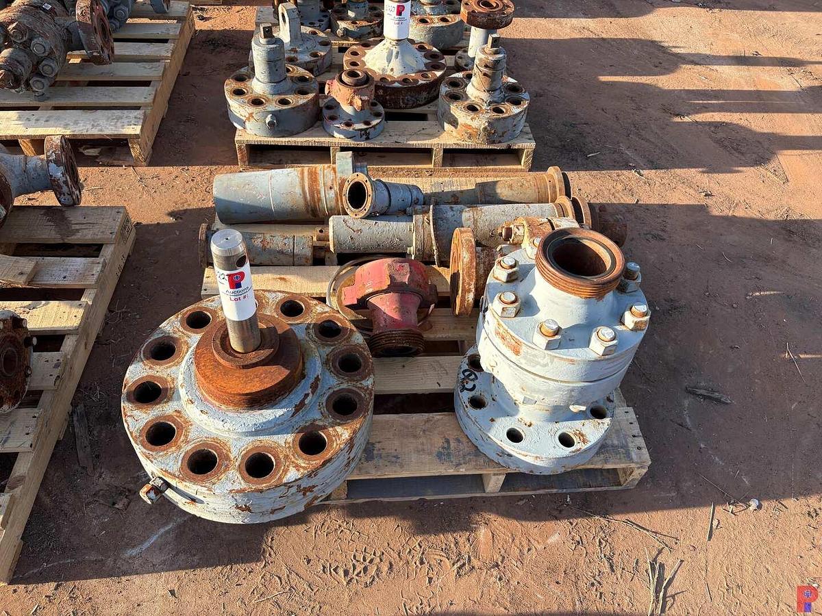 Used (3) PALLETS OF VALVE STEM FLANGES, STEM PARTS, 7X4 ADAPTER SPOOLS, WECO FLANGES