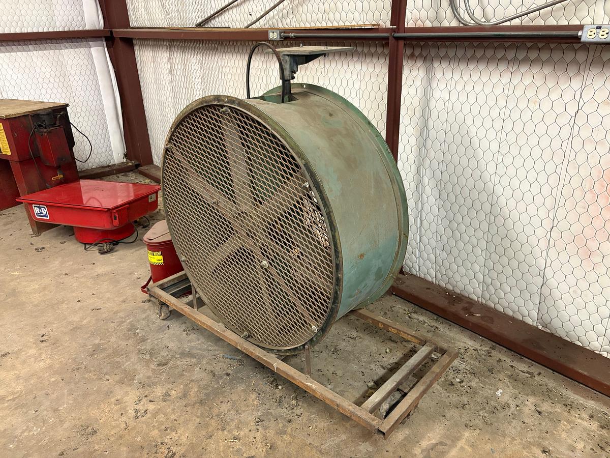 Used 42”DIA electric shop fan w/ oil waste can