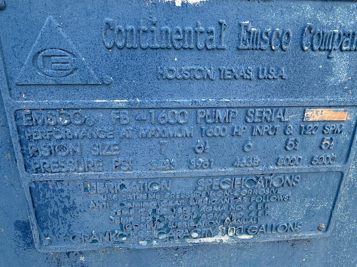 Used CONTINENTAL EMSCO FB-1600 5K WP TRIPLEX MUD PUMP W/ AC ELECTRIC MOTOR &  MIXING TANK SKIDDED