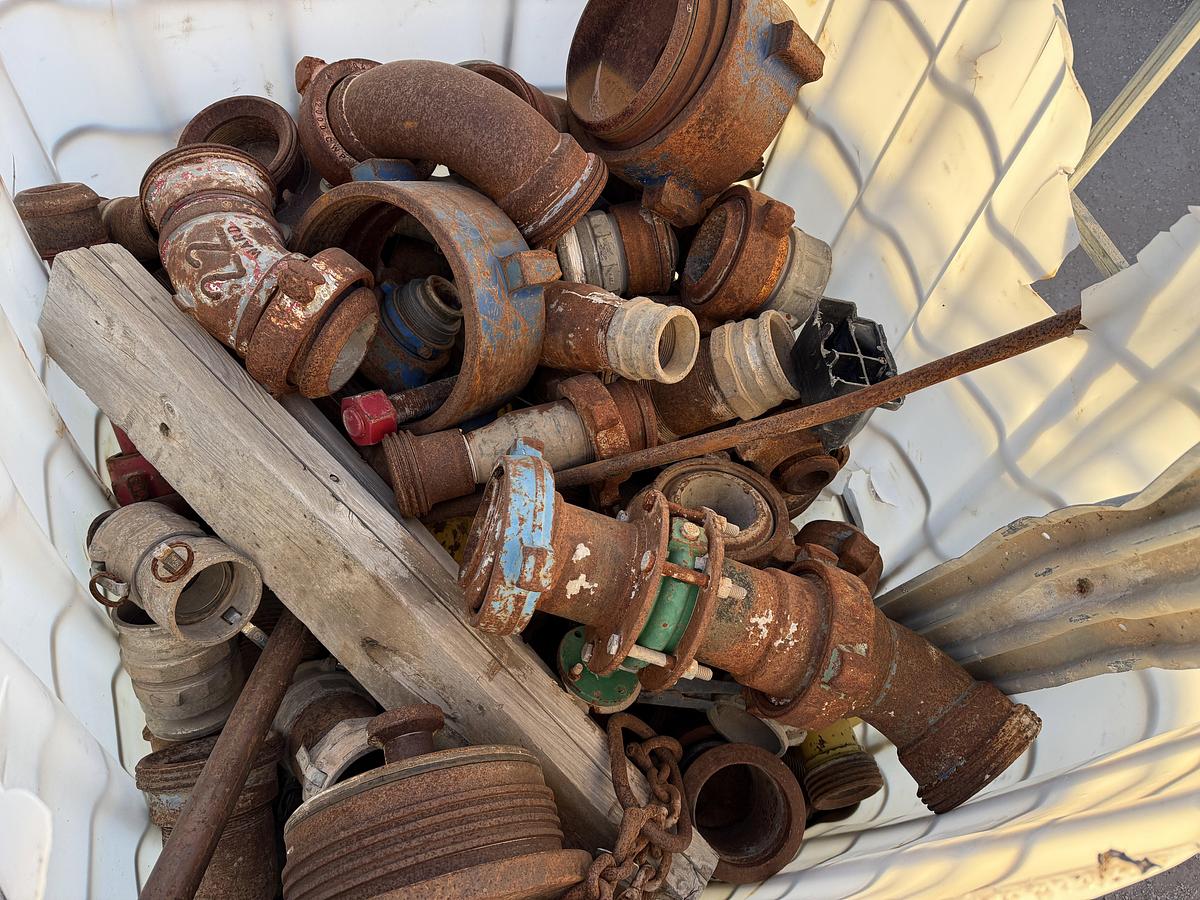 Used (1) TOTE & (1) CRATE W/ VARIOUS 2” & 3” FLOW IRON & CEMENT HEAD CONNS, CROSS OVERS, SUBS, PLUG VALVES, CHIKSANS, & RELATED