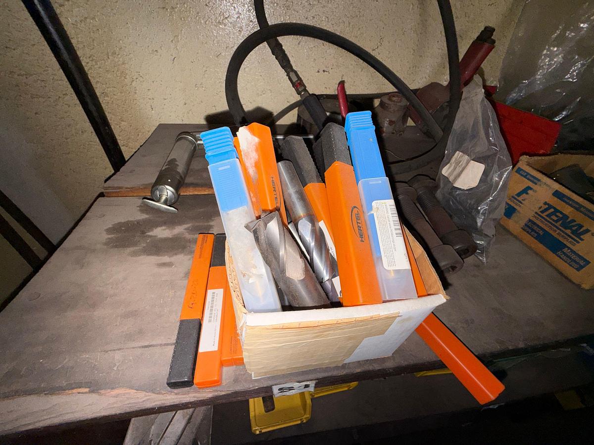 Used 16’x2’x4’ 3-ROW WOOD SHELF W/ CONTENTS OF TAPS, CHUCKS, CUTTING TOOLS, & RELATED
